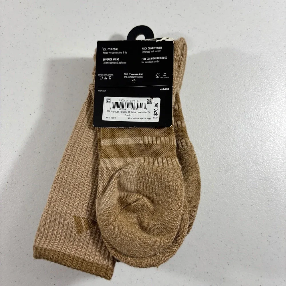 Adidas Mens Crew Socks 3 Pair ClimaCool Beige Sandstone 5160382A Size 6-12